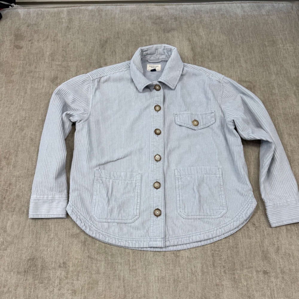 American‎ Eagle Womens Corduroy Button Down Shacket Light Blue Grey Medium
